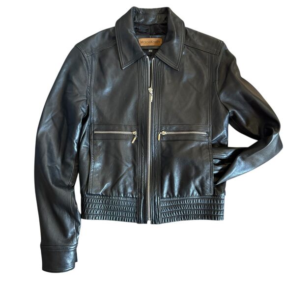 Marcel Kassini Soft Leather Bamber Jacket Elastic Waist Zip Up Front Pockets XS - Picture 1 of 6